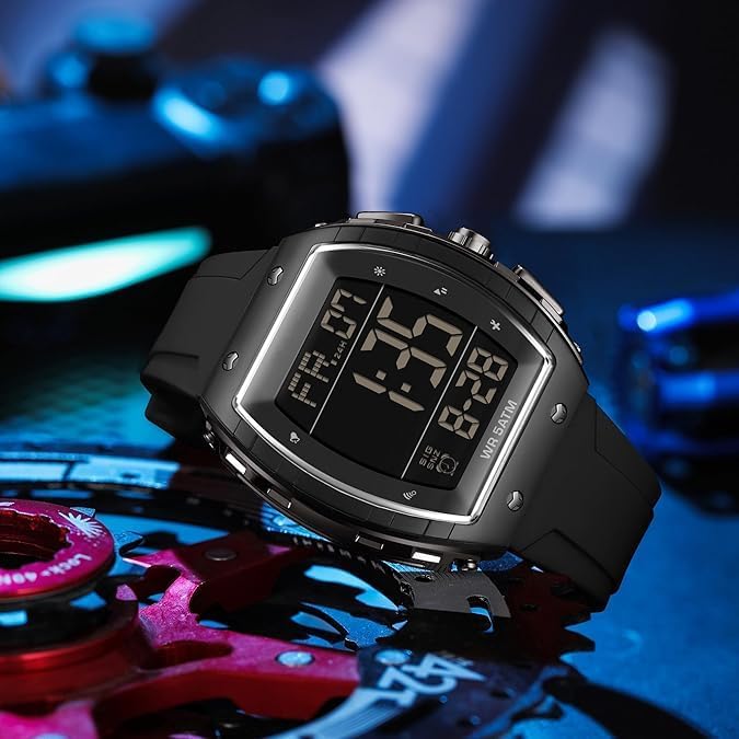 TERRIFI Men's Digital Watch, Tactical Sport Waterproof Square Watch with Stopwatch, Alarm, Countdown Timer, Dual Time, Luminous Display, Curved Big Face Wristwatch for Outdoor Adventure, Hiking (Black) - Image 3