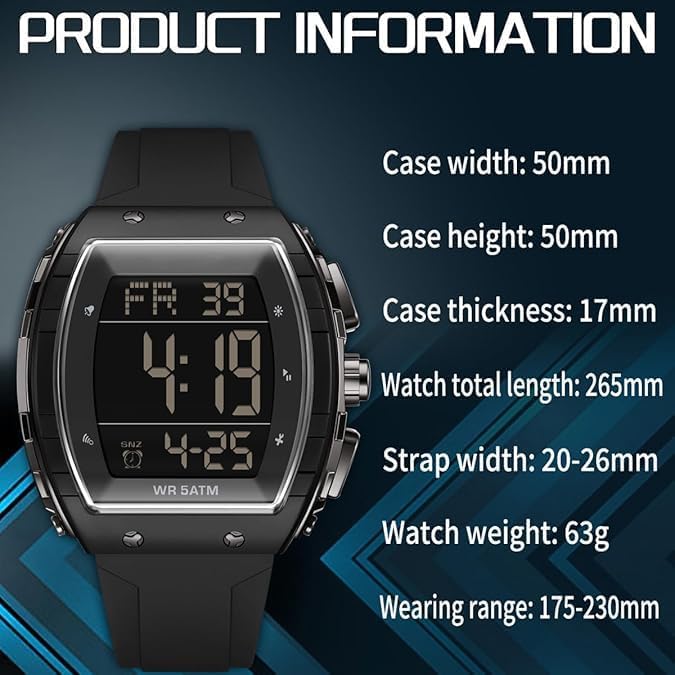 TERRIFI Men's Digital Watch, Tactical Sport Waterproof Square Watch with Stopwatch, Alarm, Countdown Timer, Dual Time, Luminous Display, Curved Big Face Wristwatch for Outdoor Adventure, Hiking (Black) - Image 4