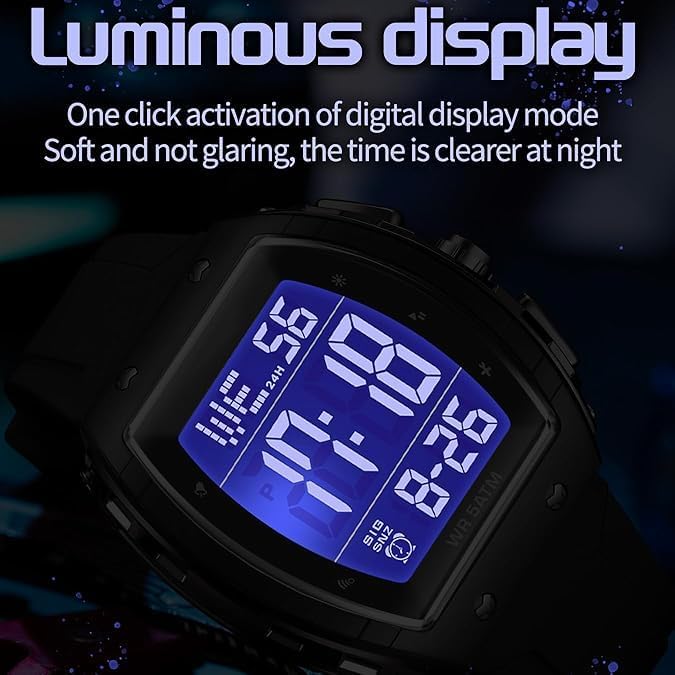 TERRIFI Men's Digital Watch, Tactical Sport Waterproof Square Watch with Stopwatch, Alarm, Countdown Timer, Dual Time, Luminous Display, Curved Big Face Wristwatch for Outdoor Adventure, Hiking (Black) - Image 1