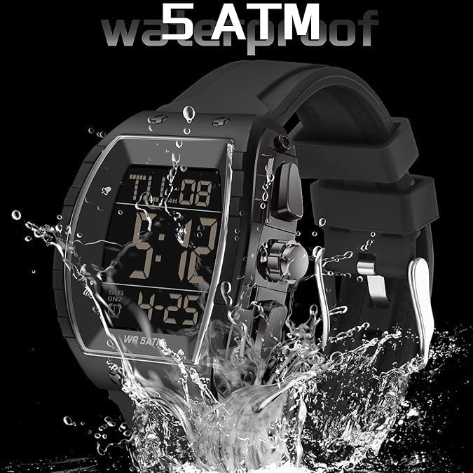 TERRIFI Men's Digital Watch, Tactical Sport Waterproof Square Watch with Stopwatch, Alarm, Countdown Timer, Dual Time, Luminous Display, Curved Big Face Wristwatch for Outdoor Adventure, Hiking (Black) - Image 2