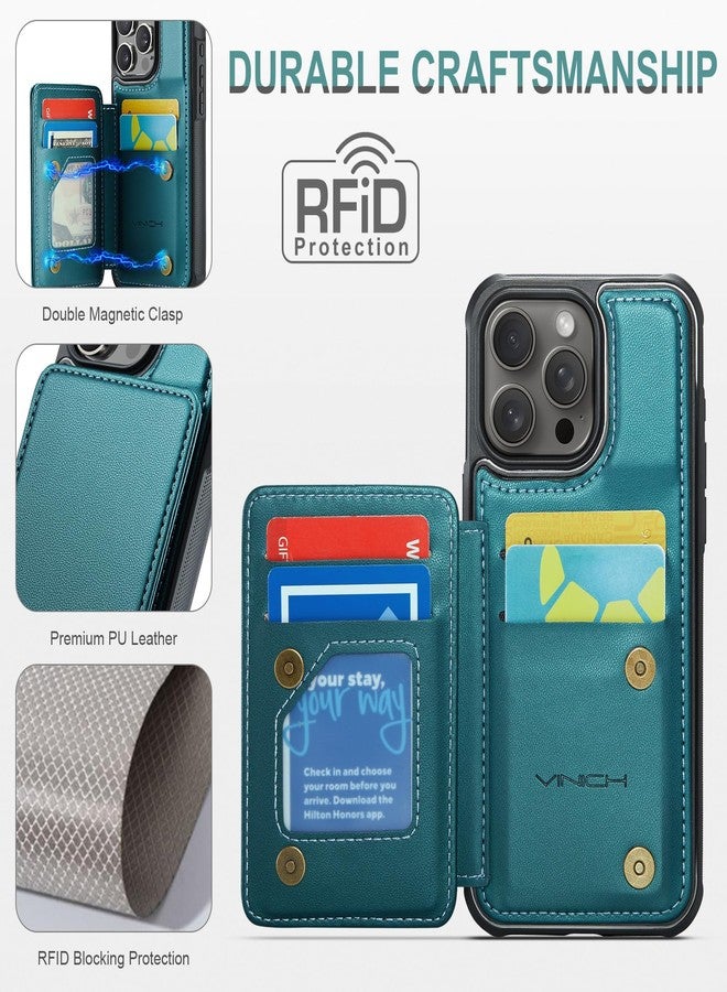 Vinich for iPhone 16 Pro Max 6.9" Wallet Case with Card Holder, RFID Blocking Credit Slots Kickstand Shockproof Phone Cover for Women Men, Bluish Green - Image 4