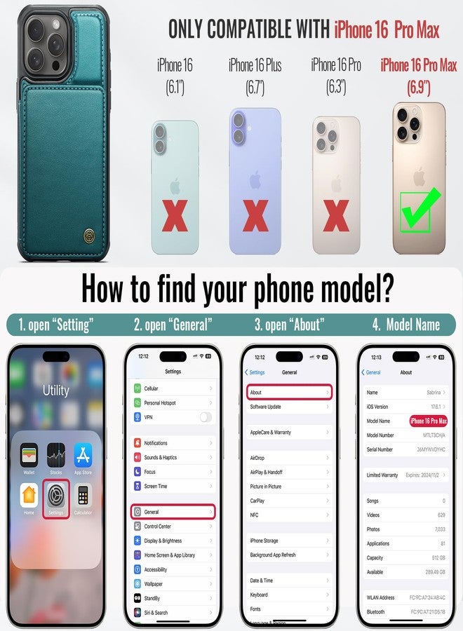 Vinich for iPhone 16 Pro Max 6.9" Wallet Case with Card Holder, RFID Blocking Credit Slots Kickstand Shockproof Phone Cover for Women Men, Bluish Green - Image 2
