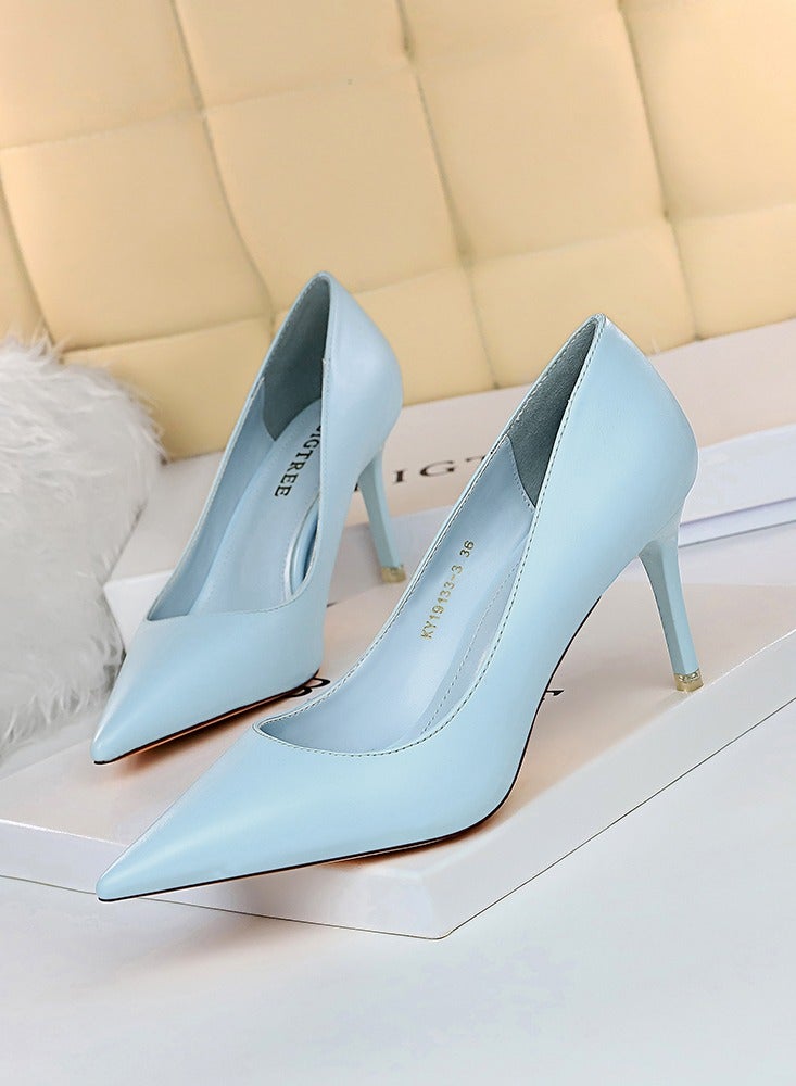 BIGTREE Women's Solid Color Elegant Stiletto Pumps 7.5CM Fashion Gorgeous Closed Pointed Toe Slip On Solid High Heels Blue  - Image 1