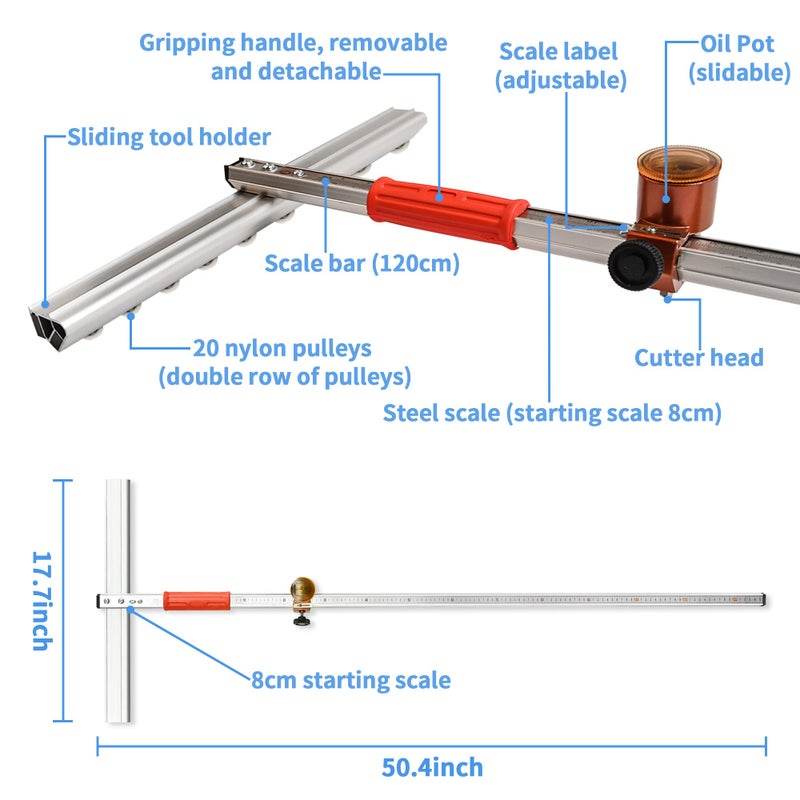 yeshine T-Shaped Glass Cutting Tool, Tile Cutters, Automatic Control Oiling, Nylon Pulley, 120cm Thickened Aluminum Alloy Blade Bar, Hard Steel Scale, for Thick Glass, T-Glass and Tile Cutting - Image 3