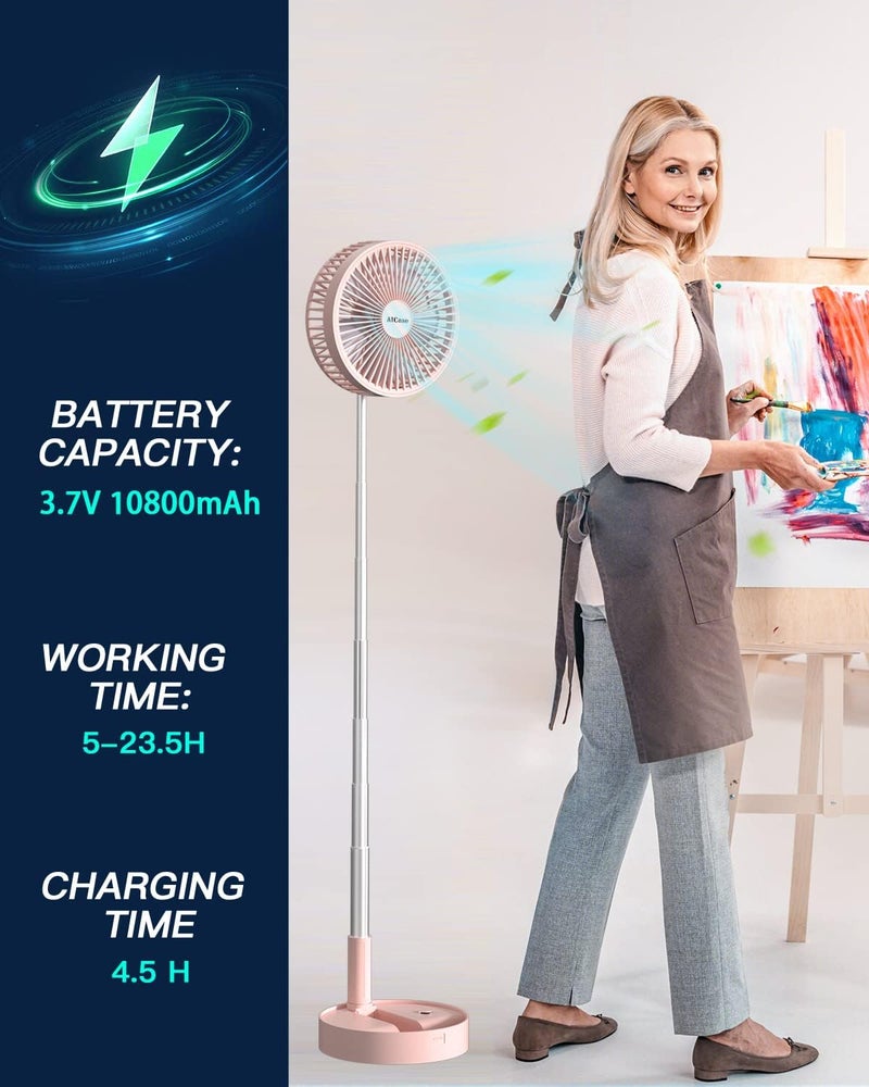 AICase Stand Fan,Folding Portable Telescopic Floor/USB Desk Fan with 10800mAh Rechargeable Battery,4 Speeds Super Quiet Adjustable Height and Head Great for Office Home Outdoor Camping-pink - Image 3