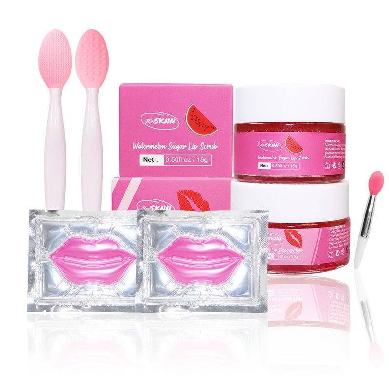 Six in one Lip care kit Pack consist of a Lip sleeping Mask, a Exfoliate scrub, two Hydrating sheet mask, and two exfoliate double side silicone brush for day skin, Watermelon scented