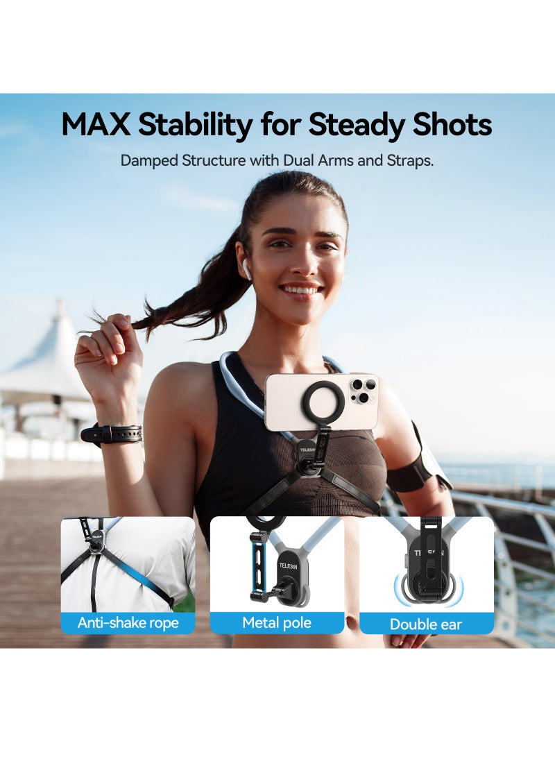 TELESIN MAX version Magnetic Neck Mount for Phones, Upgraded Cell Phone Holder Stand POV/Vlog Selfie Hand Free Necklace Phone Strap Video Recording for iPhone 15 14 13 12 Series and Android Phones  - Image 4