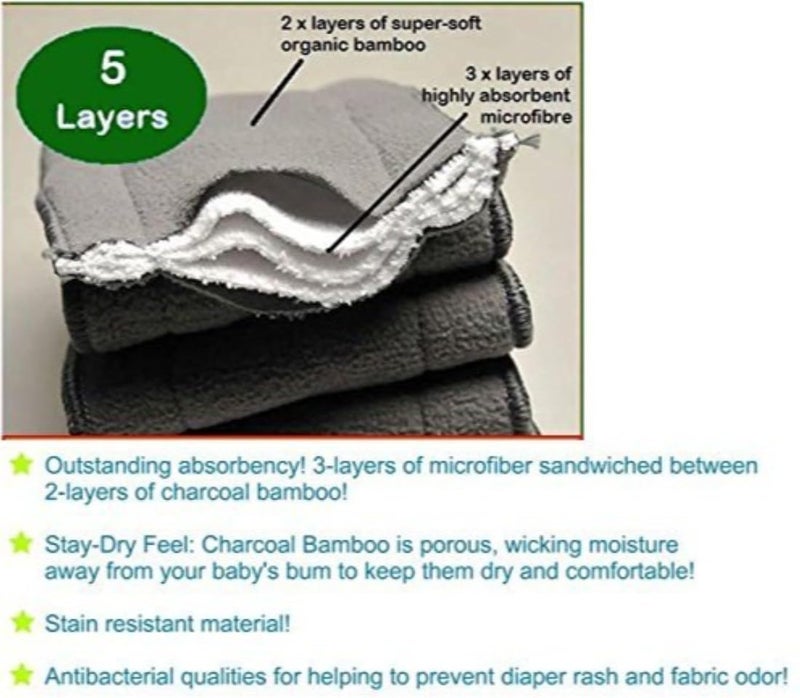 Kogar (Set Of 5) Premium 5 Layers Bamboo Fibre Charcoal Reusable Diaper Inserts - Image 2