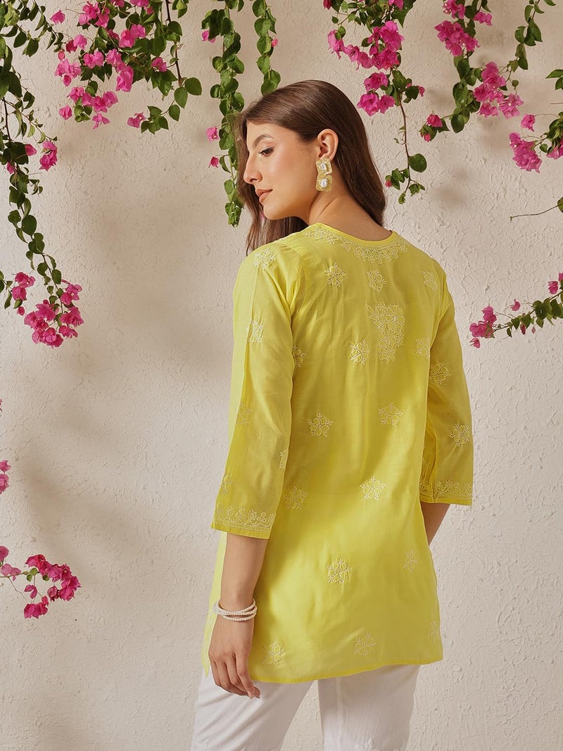 Ada Hand Embroidered Lucknow Chikankari Straight Round Neck Cotton Short Kurti Top for Women A911328 (M, Yellow) - Image 2
