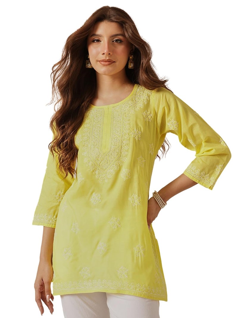 Ada Hand Embroidered Lucknow Chikankari Straight Round Neck Cotton Short Kurti Top for Women A911328 (M, Yellow) - Image 1
