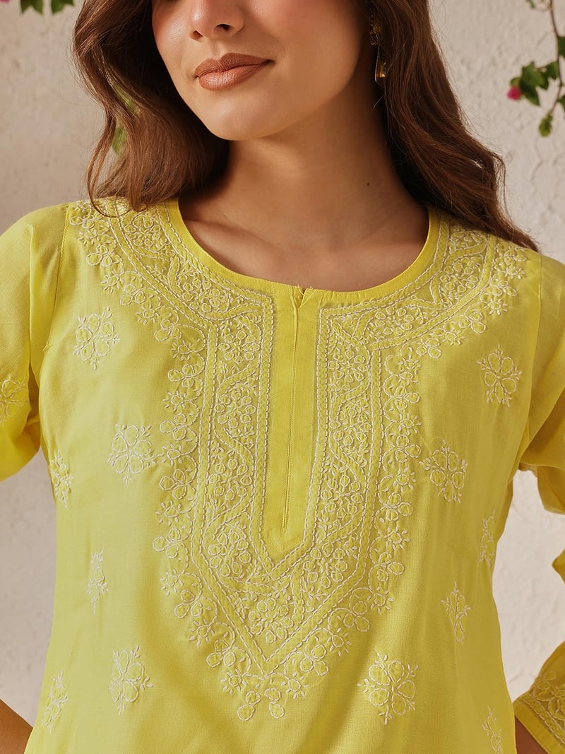 Ada Hand Embroidered Lucknow Chikankari Straight Round Neck Cotton Short Kurti Top for Women A911328 (M, Yellow) - Image 5