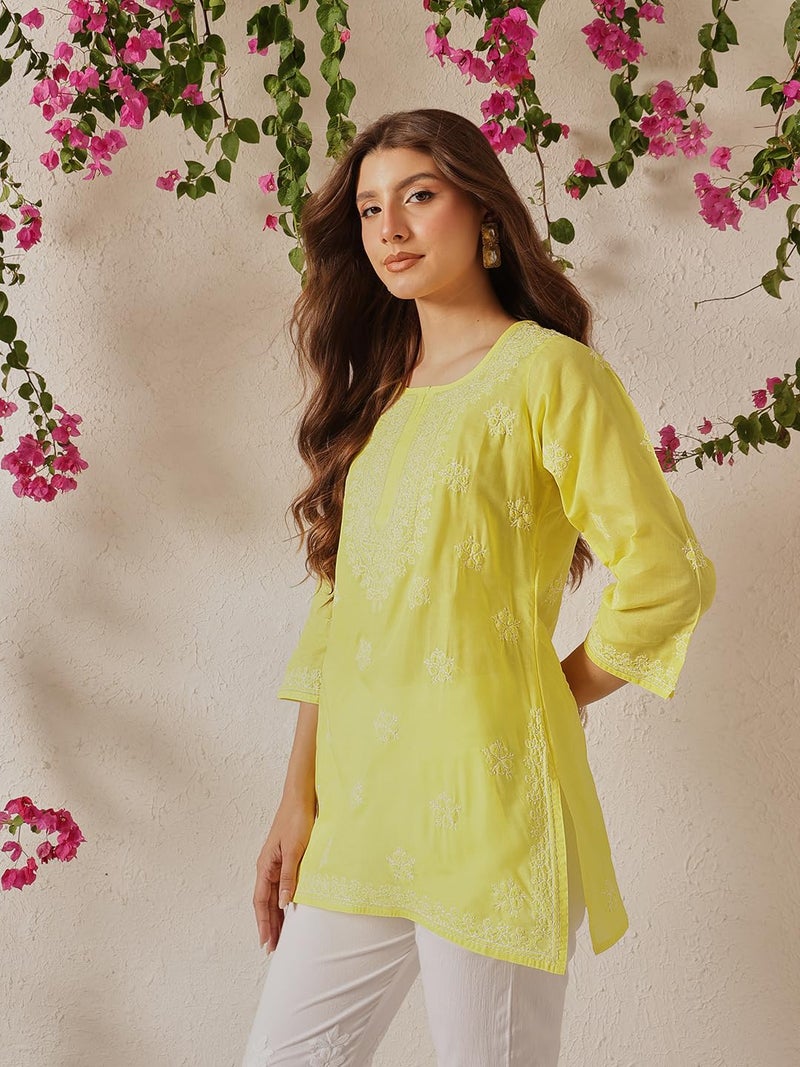 Ada Hand Embroidered Lucknow Chikankari Straight Round Neck Cotton Short Kurti Top for Women A911328 (M, Yellow) - Image 4