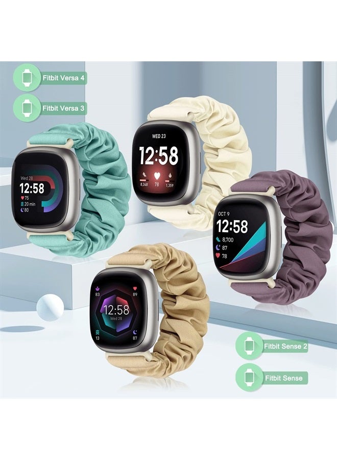 ShuYo Scrunchie Bands Compatible with Fitbit Sense/Sense 2 / Versa 3 / Versa 4 for Women,4 Pack Elastic Nylon Scrunchy Replacement Strap Soft Stretchy Wristband for Fitbit Versa 3 Smart Watch - Image 1