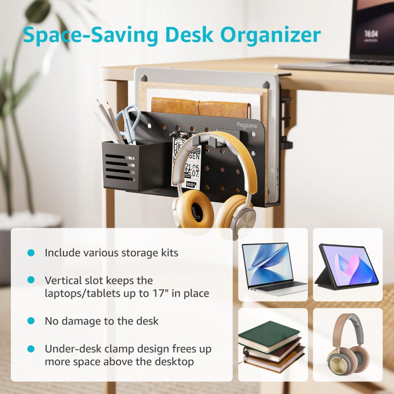 PEGZONE Desk Side Storage Organizer, No Drill Under Desk Laptop Holder, Clamp on Desks Shelf with Pegboard Accessories, Hanging Laptop Mount, Fits Flat Edge 0.4" to 2.2", Black - Image 5