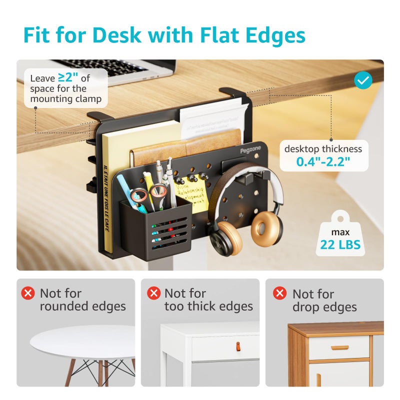PEGZONE Desk Side Storage Organizer, No Drill Under Desk Laptop Holder, Clamp on Desks Shelf with Pegboard Accessories, Hanging Laptop Mount, Fits Flat Edge 0.4" to 2.2", Black - Image 3