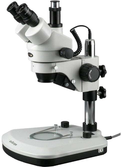 AmScope SM1TZPL Professional Trinocular Stereo Zoom Microscope WH10x Eyepieces 35X90X Magnification 07X45X Zoom Objective Upper and Lower LED Lighting Large PillarStyle Table Stand Includes 05X and 20X Barlow Lenses