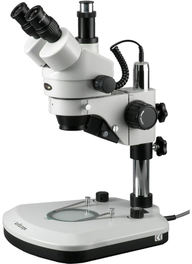 AmScope AmScope SM1TZPL Professional Trinocular Stereo Zoom Microscope WH10x Eyepieces 35X90X Magnification 07X45X Zoom Objective Upper and Lower LED Lighting Large PillarStyle Table Stand Includes 05X and 20X Barlow Lenses  - Image 1