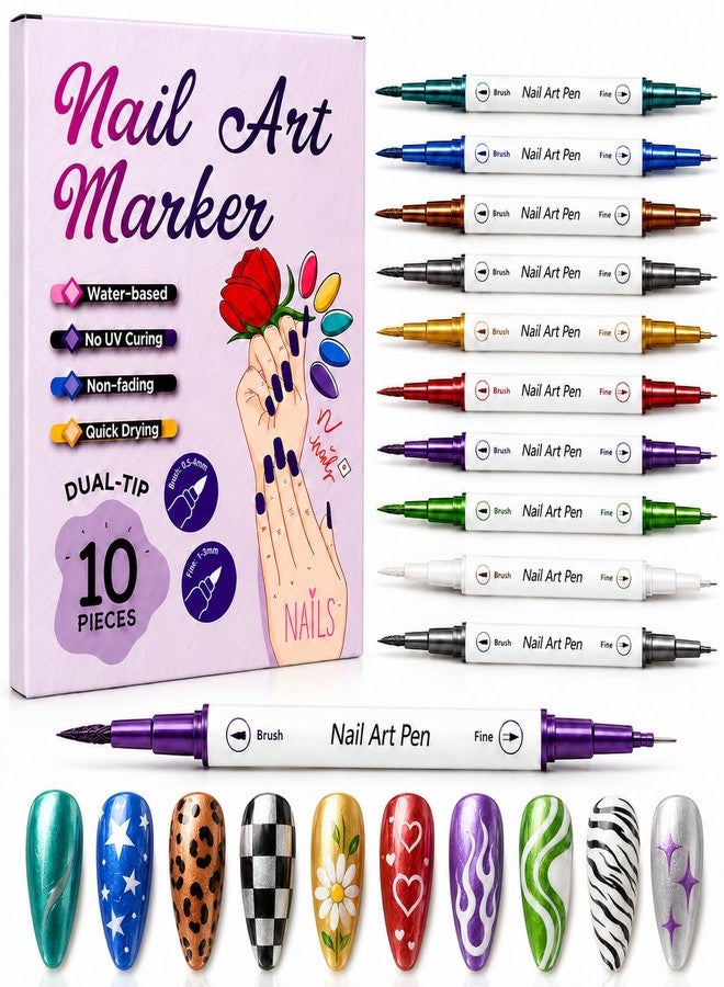 GRKZBKW 10 Colors Dual-Tip Nail Art Pens, Soft Brush & Fine Liner Design for Shading, Outlining & Detailed Nail Drawing, Quick-Dry Nail Art Pens for DIY Manicure, Gel Nails & Acrylic Nails - Image 1