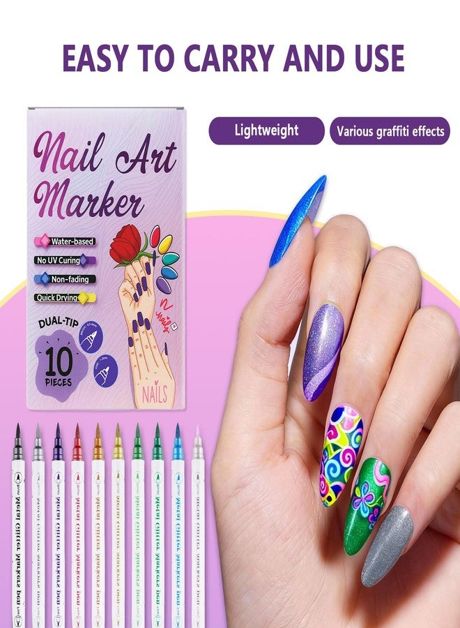 GRKZBKW 10 Colors Dual-Tip Nail Art Pens, Soft Brush & Fine Liner Design for Shading, Outlining & Detailed Nail Drawing, Quick-Dry Nail Art Pens for DIY Manicure, Gel Nails & Acrylic Nails - Image 5