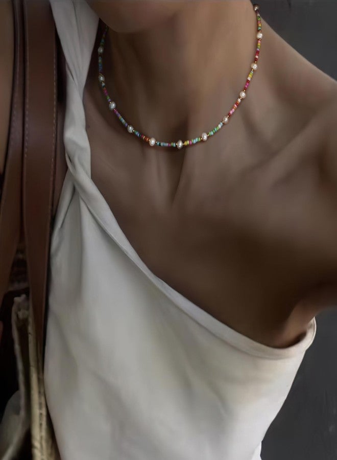 BriLove Baroque Freshwater Cultured Pearl Necklace for Women, Gorgeous Elegant Real Pearls Rainbow Beaded Choker Strand Necklaces for Wedding Summer Beach Outfit Party Accessories - Image 3