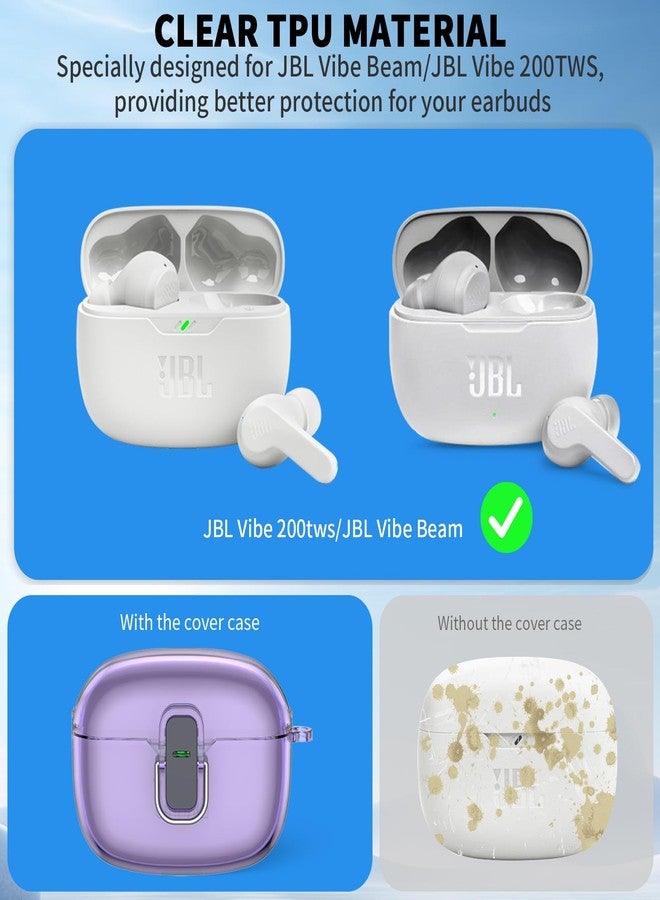 Wacanc for JBL Vibe 200TWS Case/JBL Vibe Beam Secure Lock Case Cover with Cleaner Kit, TPU Protective Case with Carabiner for JBL Vibe 200TWS/JBL Vibe Beam Charging Case (Clear Purple) - Image 4
