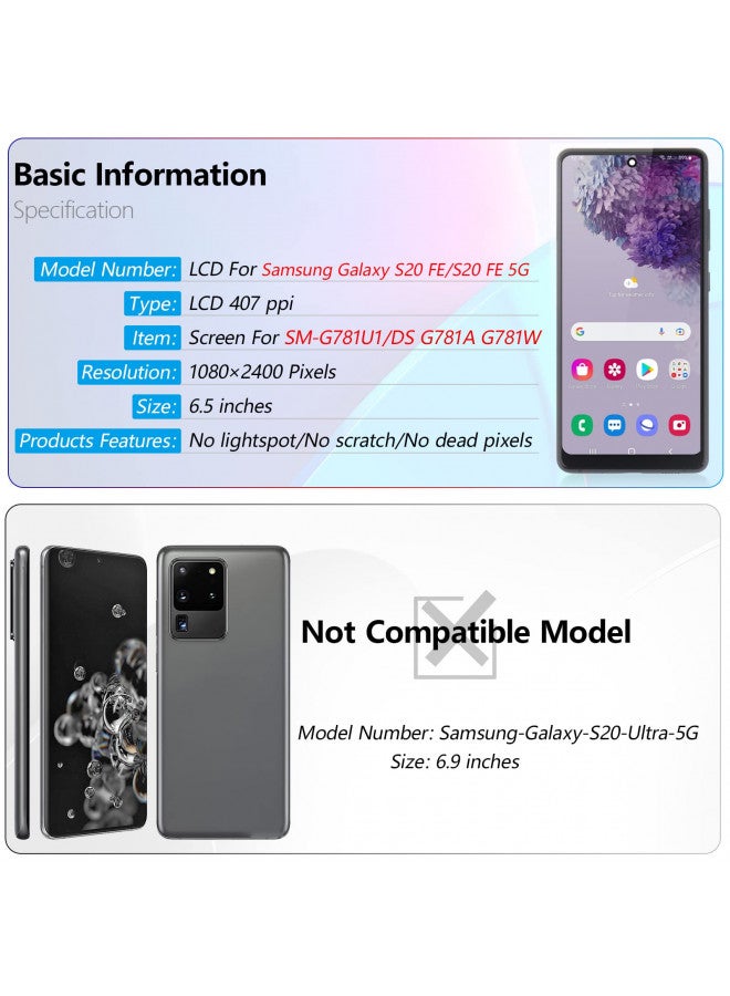 YWLRONG شاشة لجهاز سامسونج جالكسي S20 FE 2022/استبدال شاشة S20 FE 5G لجهاز سامسونج S20 FE SM-G781 G781B G781U G781F/DS G781W مجموعة شاشة LCD تعمل باللمس مع أدوات (أسود مع إطار) - Image 2