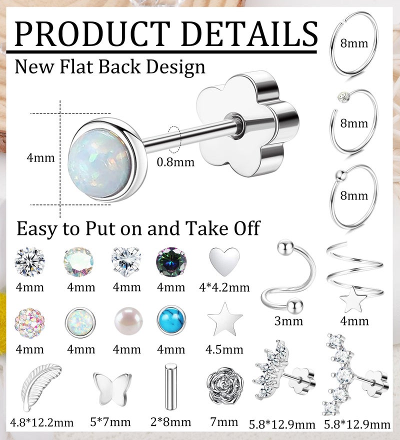 Staligue 21 Pairs Surgical Steel Earrings Set for Women Men Hypoallergenic 20G Flat Back Stud Earrings Small Cz Heart Star Moon Stainless Steel Stud Hoops Earrings Cartilage Sleeper Earrings for Women Men - Image 2