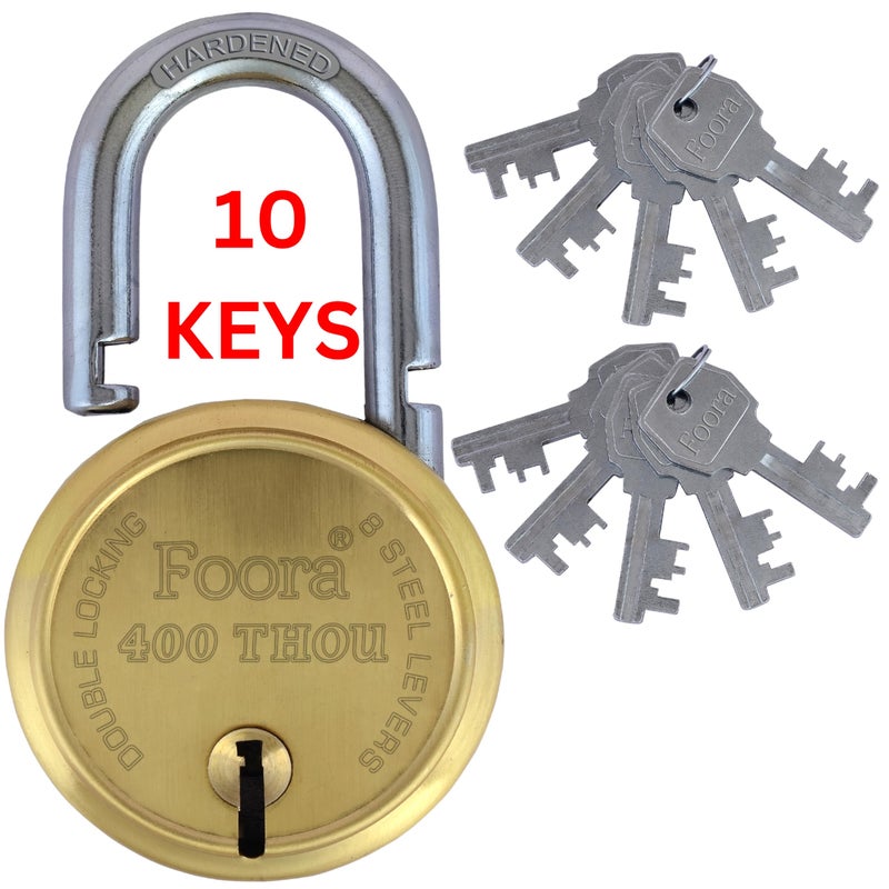 Foora 400 Thou Gold Lock with 10 Keys, Double Locking, Hardened Shackle, 8 Lever Gold Finish, Size 65mm for Home Door, Gate, Shop - Image 4