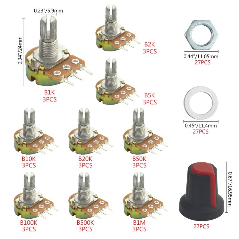 WMYCONGCONG 108 Pieces WH148 Potentiometer Kit B1K B2K B5K B10K B20K B50K B100K B500K B1M Ohm Knurled Shaft Single Linear Rotary Taper Potentiometers with Rotary Knobs and Nuts, Washers - Image 3