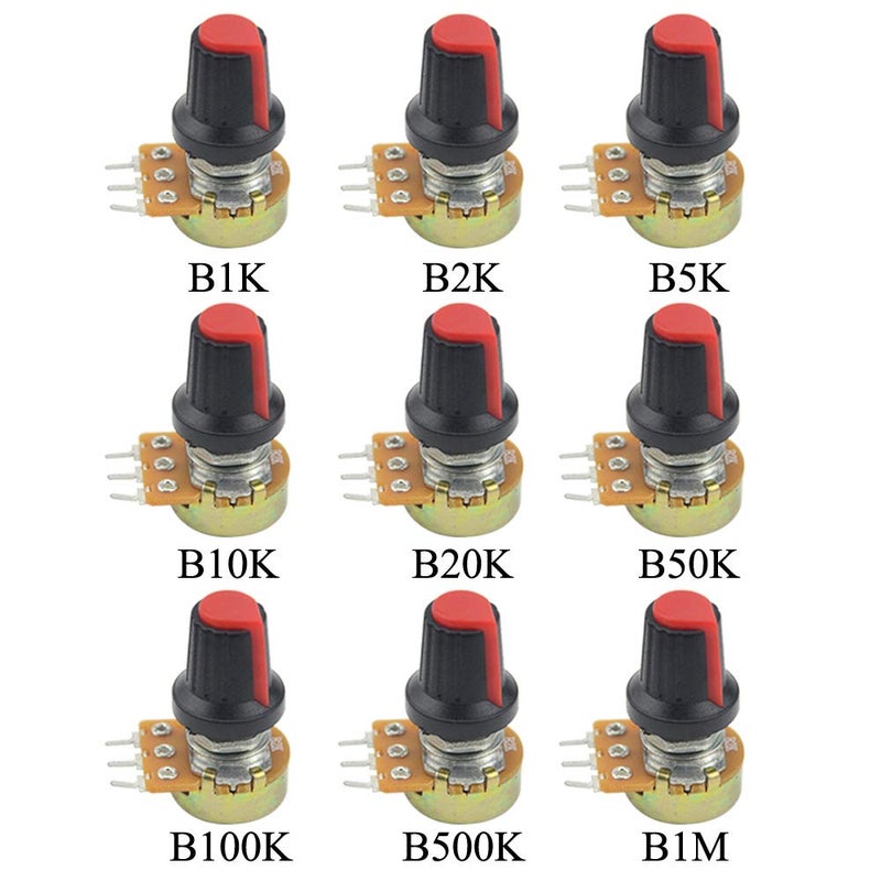 WMYCONGCONG 108 Pieces WH148 Potentiometer Kit B1K B2K B5K B10K B20K B50K B100K B500K B1M Ohm Knurled Shaft Single Linear Rotary Taper Potentiometers with Rotary Knobs and Nuts, Washers - Image 2