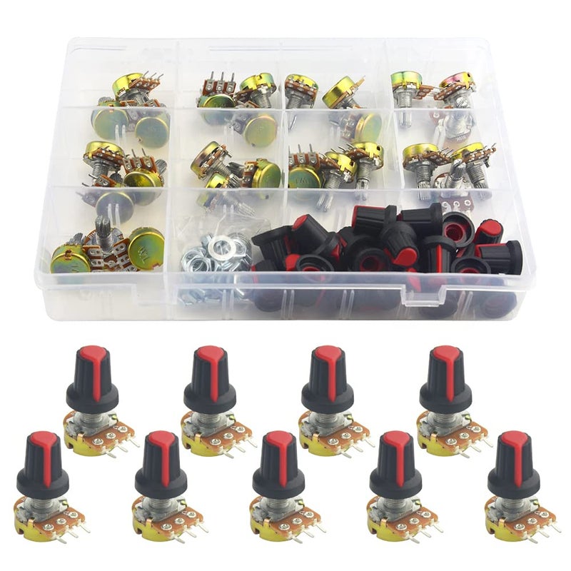 WMYCONGCONG 108 Pieces WH148 Potentiometer Kit B1K B2K B5K B10K B20K B50K B100K B500K B1M Ohm Knurled Shaft Single Linear Rotary Taper Potentiometers with Rotary Knobs and Nuts, Washers - Image 1