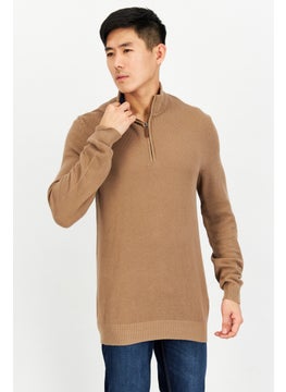 Men High Neck Textured Sweater, Light Brown