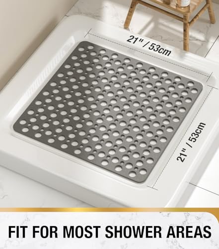 HITSLAM Shower Mat Anti Slip 21x21 Inch No Odor Soft TPE Bathroom Shower Stall Floor Mat Square Bath Mat for Tub Non Slip with Suction Cups and Drain Holes Machine Washable Soft on Feet Grey - Image 3