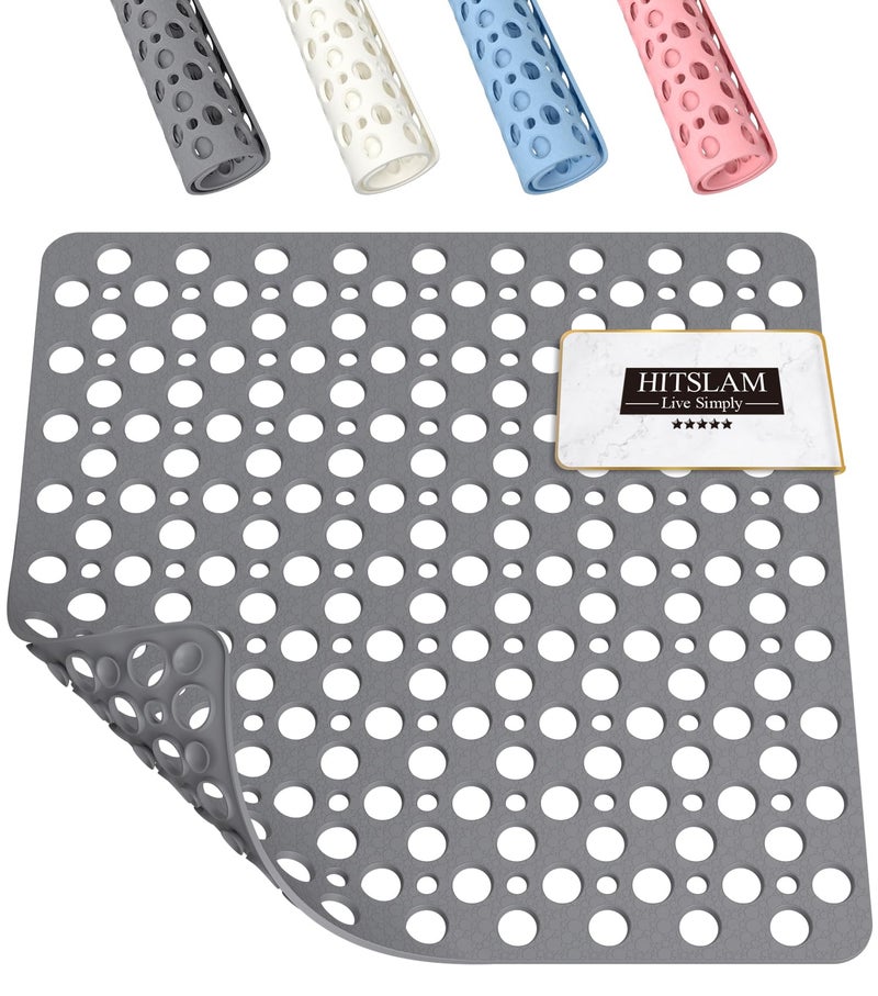 HITSLAM Shower Mat Anti Slip 21x21 Inch No Odor Soft TPE Bathroom Shower Stall Floor Mat Square Bath Mat for Tub Non Slip with Suction Cups and Drain Holes Machine Washable Soft on Feet Grey - Image 2