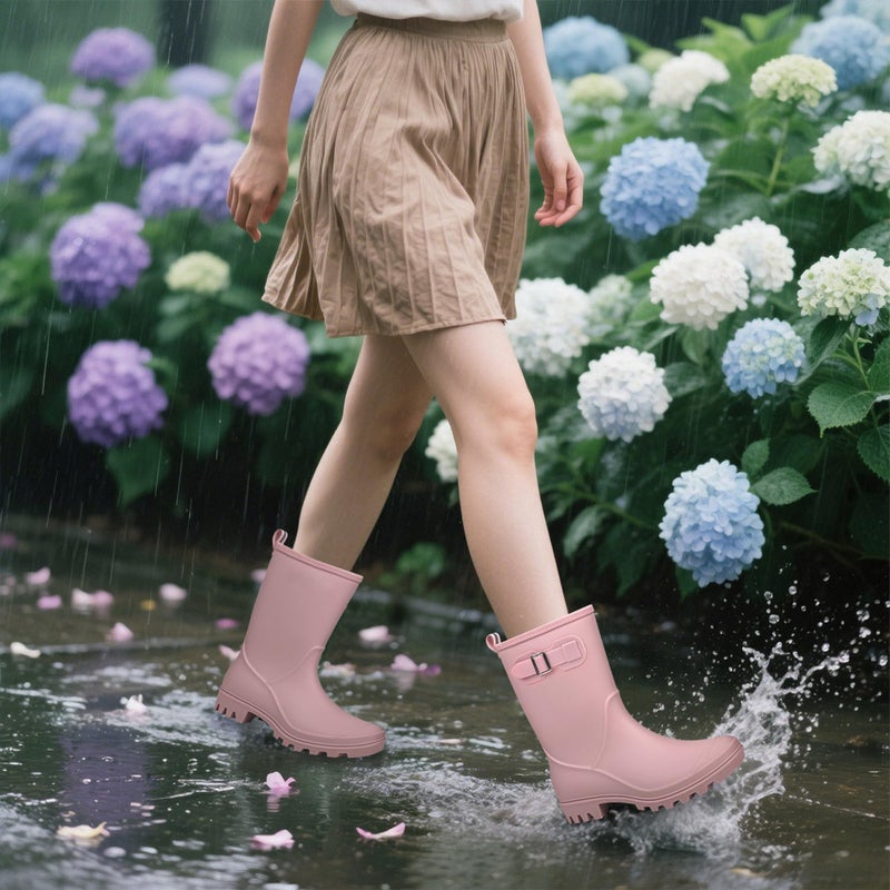 DKSUKO Women's Waterproof Mid-Calf Rain Boots Anti-slipping Garden Shoes Lightweigh Rubber Boots Comfortable Rain Shoes (8 B(M) US, Pink) - Image 2