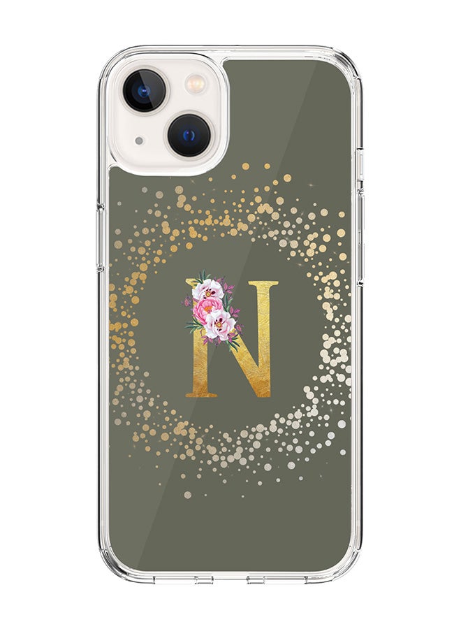 Classic Clear Case For iPhone 14 Plus, Hybrid Soft Case Thin Cover- Custom Monogram Initial Letter Floral Pattern Alphabet - N(Olive Green)