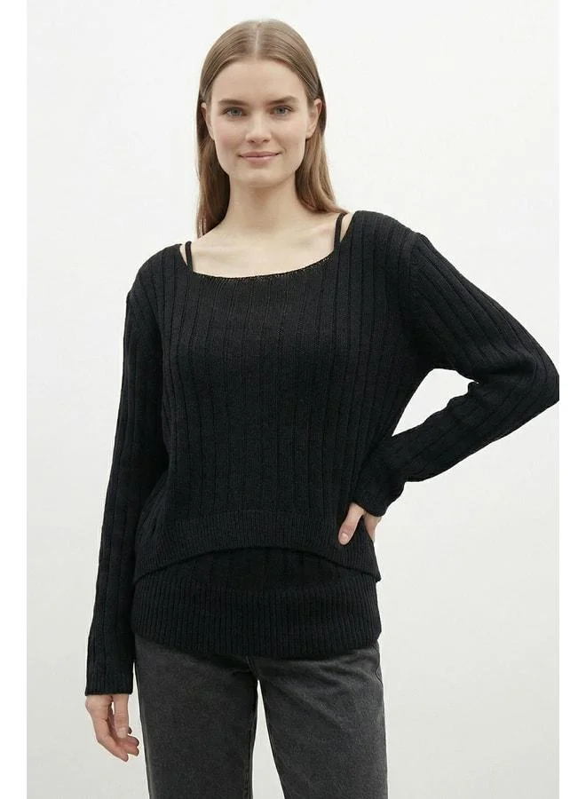 Soul Women's Knitted Dual Blouse Set - 31779BLZ - BLACK.