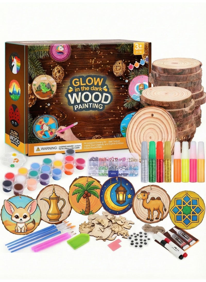 Beauenty Ramadan & Eid Kids Wooden Painting Kit - Glow in The Dark Wood Slice Arts & Crafts, 24Pcs Creative Gift Toys for Boys Girls Ages 3+, Ideal for Ramadan Activities, Birthday Party Favors & School Prizes - Image 1