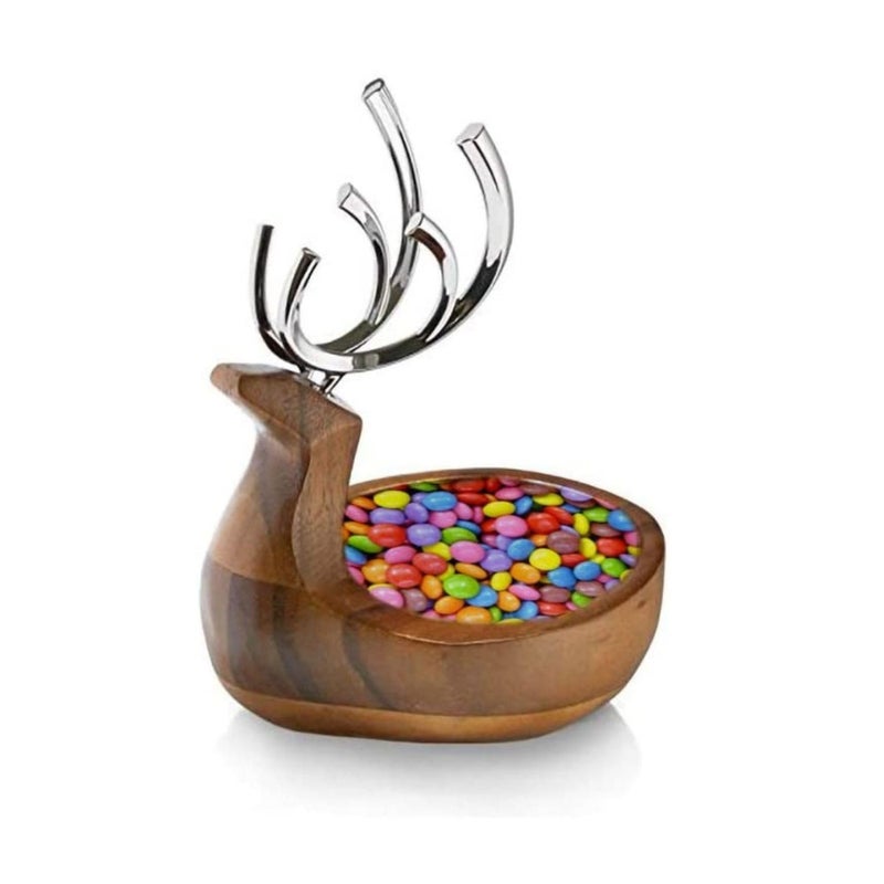 Nambe Holiday Reindeer Bowl Decorative Candy Dish and Seasonal Table Accent with Removable Antlers Festive Coffee Table or Dining Display Alloy and Acacia Wood Collectible for Christmas Hosting