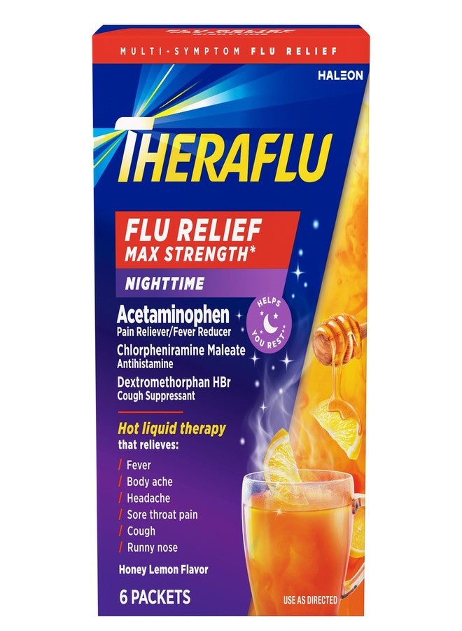 Theraflu Max Strength Nighttime Flu Medicine for Flu Symptom Relief with Acetaminophen, Dextromethorphan HBr, and Chlorpheniramine Maleate, Honey Lemon Flavored - 6 Powder Packets - Image 1