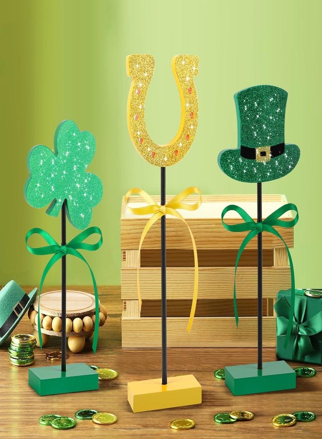 Hedeey 3 Pieces St. Patrick's Day Table Decorations Wooden Set, Irish-themed Green Lucky Shamrocks St. Patrick's Tiered Tray Decor for Home Party Room (Shiny) - Image 2