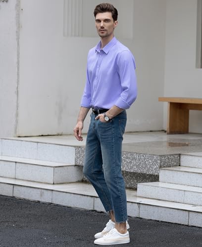 Beninos Men's Dress Shirts Solid Long Sleeve Texture Formal Shirt Business Casual Button Down Shirts (C455 Purple, M) - Image 4
