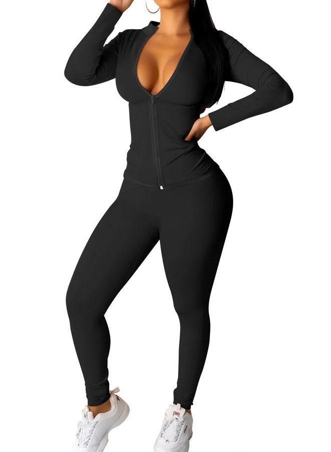 CLOCOR Womens 2 Piece Outfits Sweatsuits - Tracksuit Set Long Sleeve Crop Top & Drawstring Wide Leg Pants with Pockets, Black-906, XL - Image 1