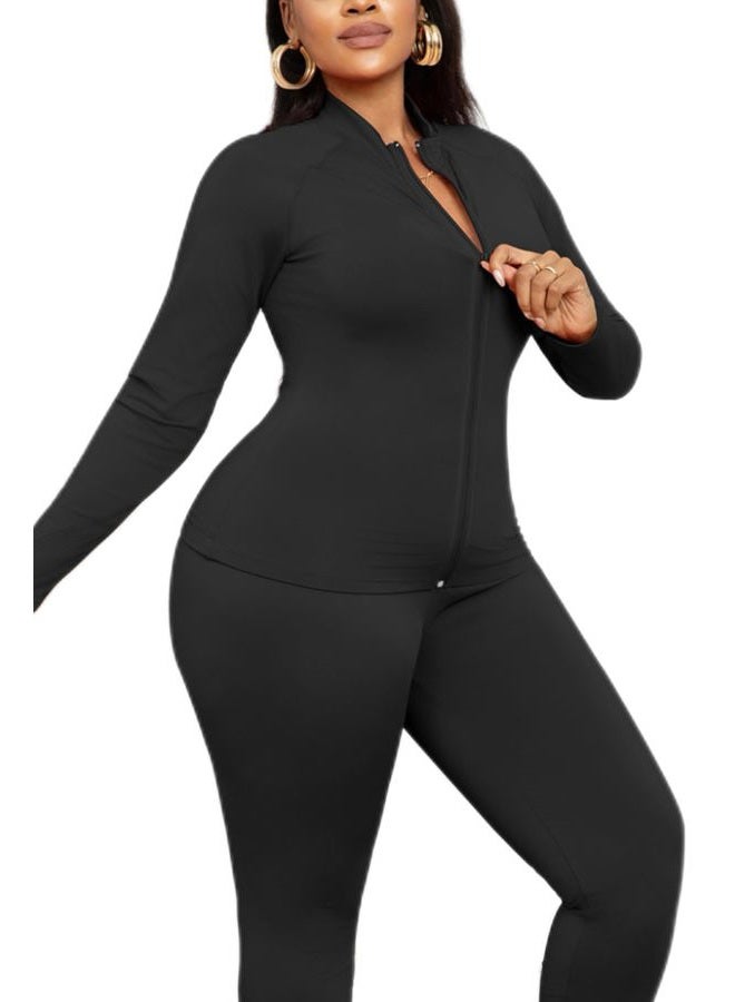 CLOCOR Womens 2 Piece Outfits Sweatsuits - Tracksuit Set Long Sleeve Crop Top & Drawstring Wide Leg Pants with Pockets, Black-906, XL - Image 3