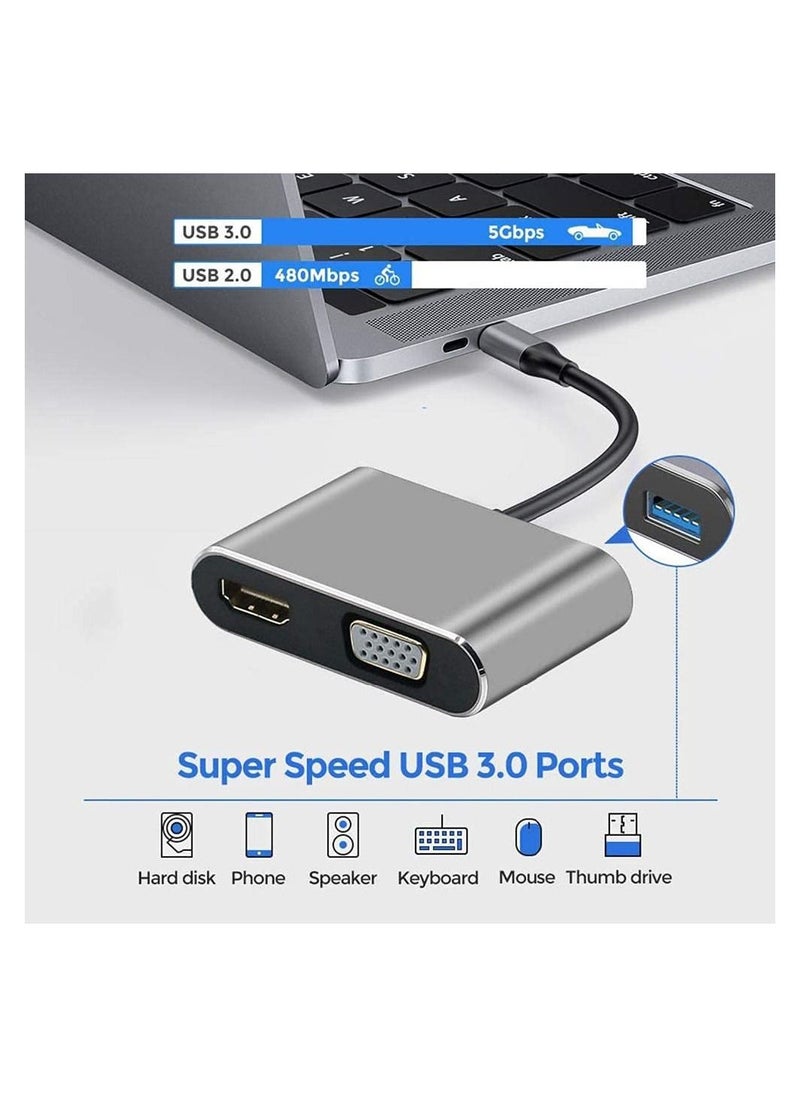 4 In 1 Type C Adapter Hub USB C to HDMI VGA Adapter XVZ USB C Hub with 4K HDMI 1080P VGA PD Charging Compatible with Nintendo Switch for Samsung for MacBook