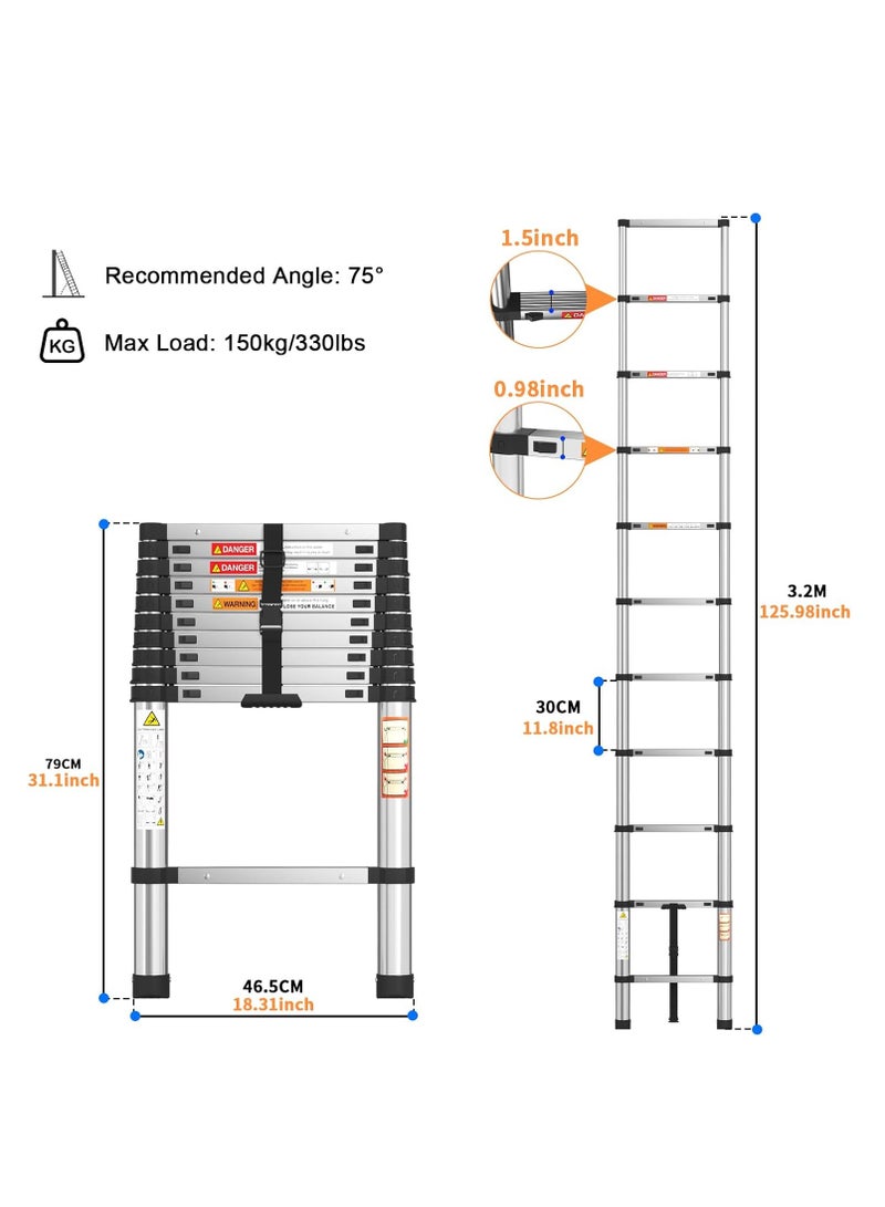 3.2m Extendable Multi-Purpose Stainless Steel Ladder, Small Portable Ladder for Roof, RV, Decorating, Painting, Cleaning - Image 2