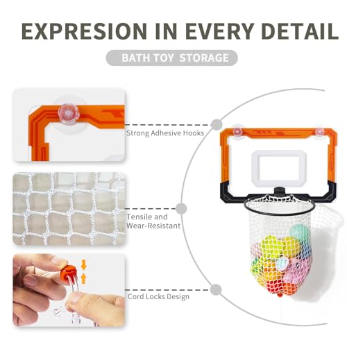 QPJ Baby Bath Toy Storage Organizer, Large Opening Mesh Bathtub Toy Storage for Tub, Bath Toy Holder for Quick Release of Toys for Bathroom, Basketball Hoop Design with Fun Bonus - Image 3