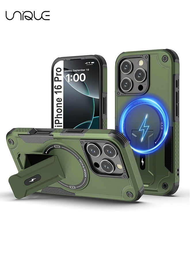 Unique For iPhone 16 Pro Case with Stand - Compatible with MagSafe Built-in Kickstand - Shockproof Full Body Protection Phone Case - Magnetic Hidden Stand - Green - Image 1