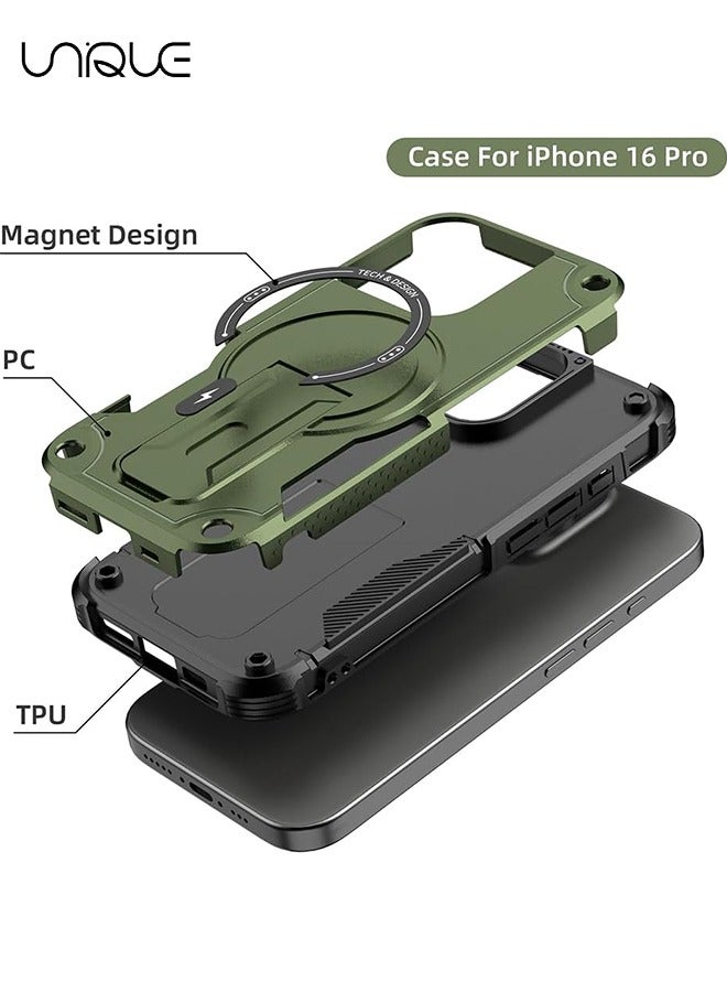 Unique For iPhone 16 Pro Case with Stand - Compatible with MagSafe Built-in Kickstand - Shockproof Full Body Protection Phone Case - Magnetic Hidden Stand - Green - Image 3