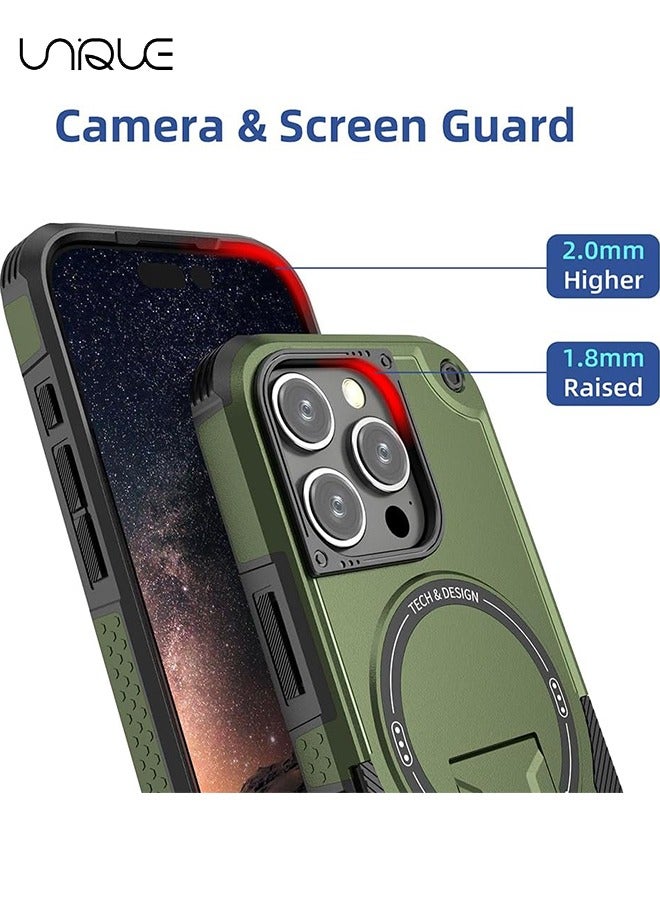 Unique For iPhone 16 Pro Case with Stand - Compatible with MagSafe Built-in Kickstand - Shockproof Full Body Protection Phone Case - Magnetic Hidden Stand - Green - Image 4